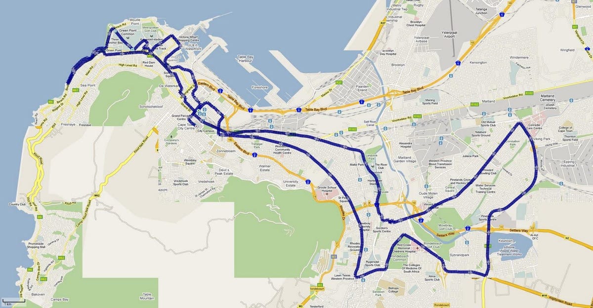 mapa de Cape Town marató ruta 