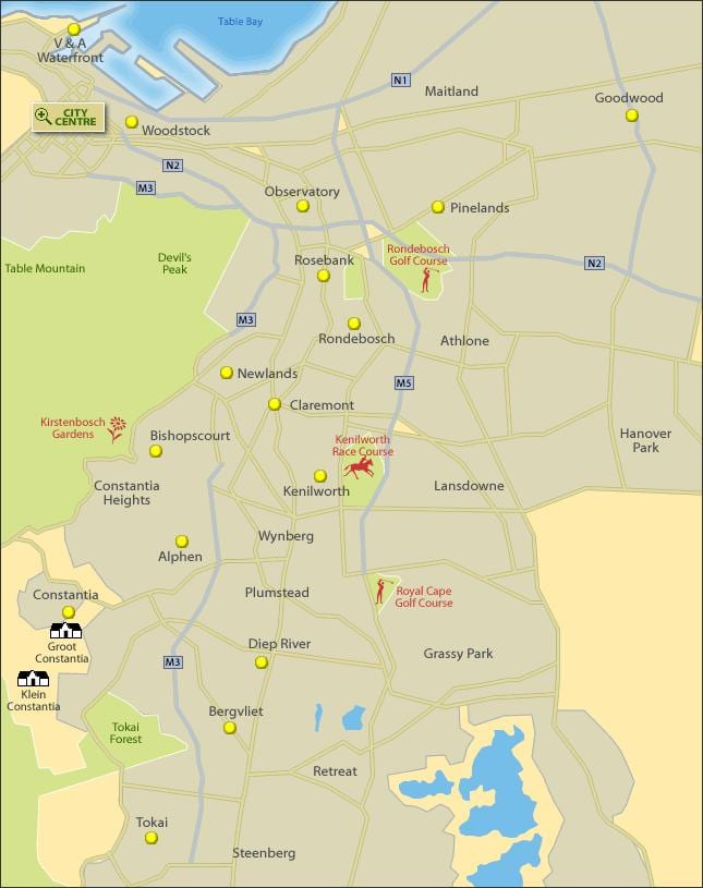 mapa de Ciutat del Cap sud suburbis
