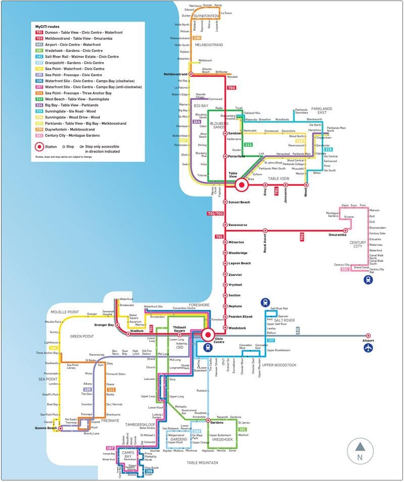 Ciutat del cap myciti autobús mapa de rutes