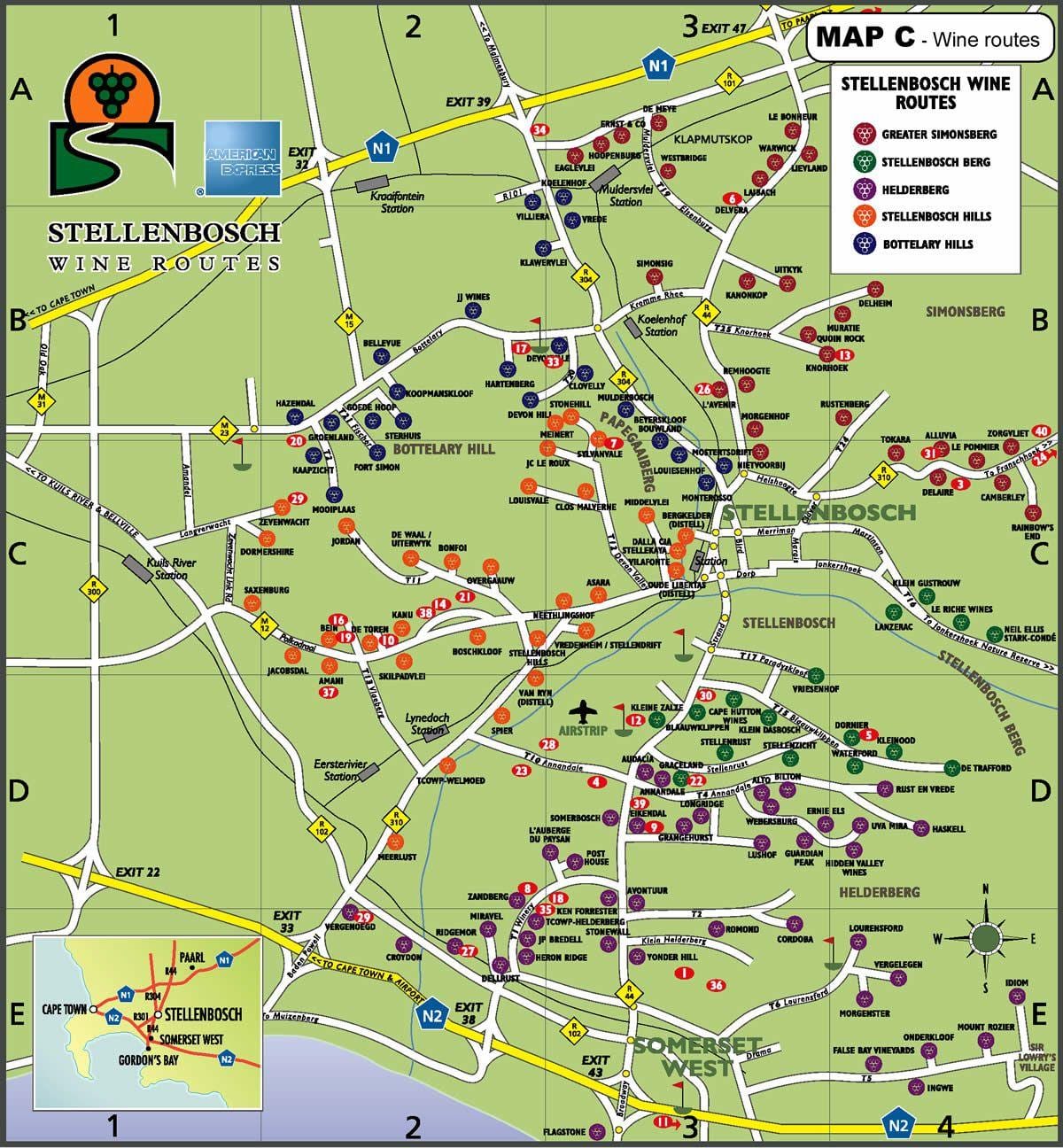 mapa de la ruta del vi de carretera mapa de Ciutat del Cap